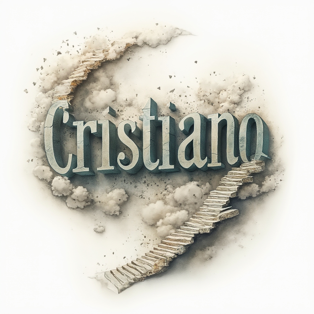 Surrealist tattoo concept of the name cristiano forming impossible dreamlike architectural letters on a white background.