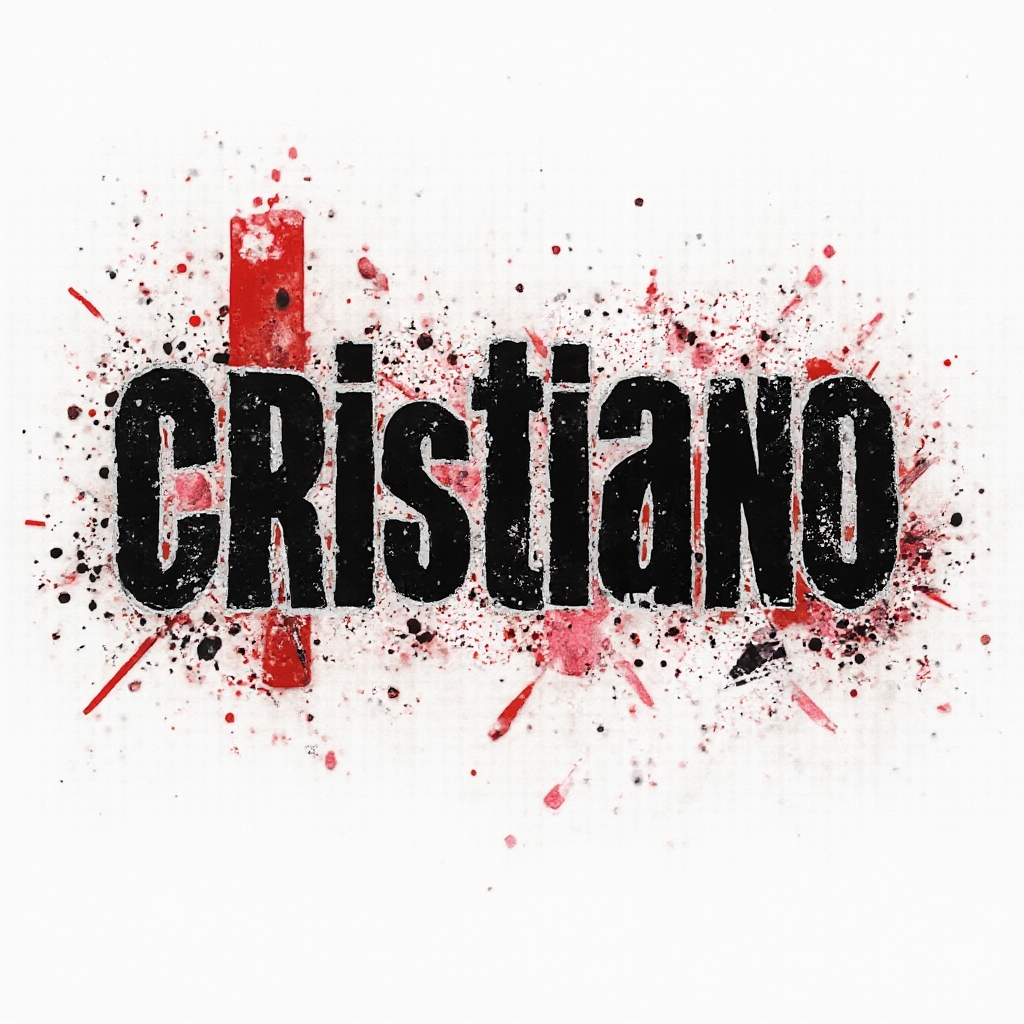 Trash Polka style tattoo concept where the name cristiano appears in bold angular lettering with black blocks, red splashes, and grunge textures on a white background.