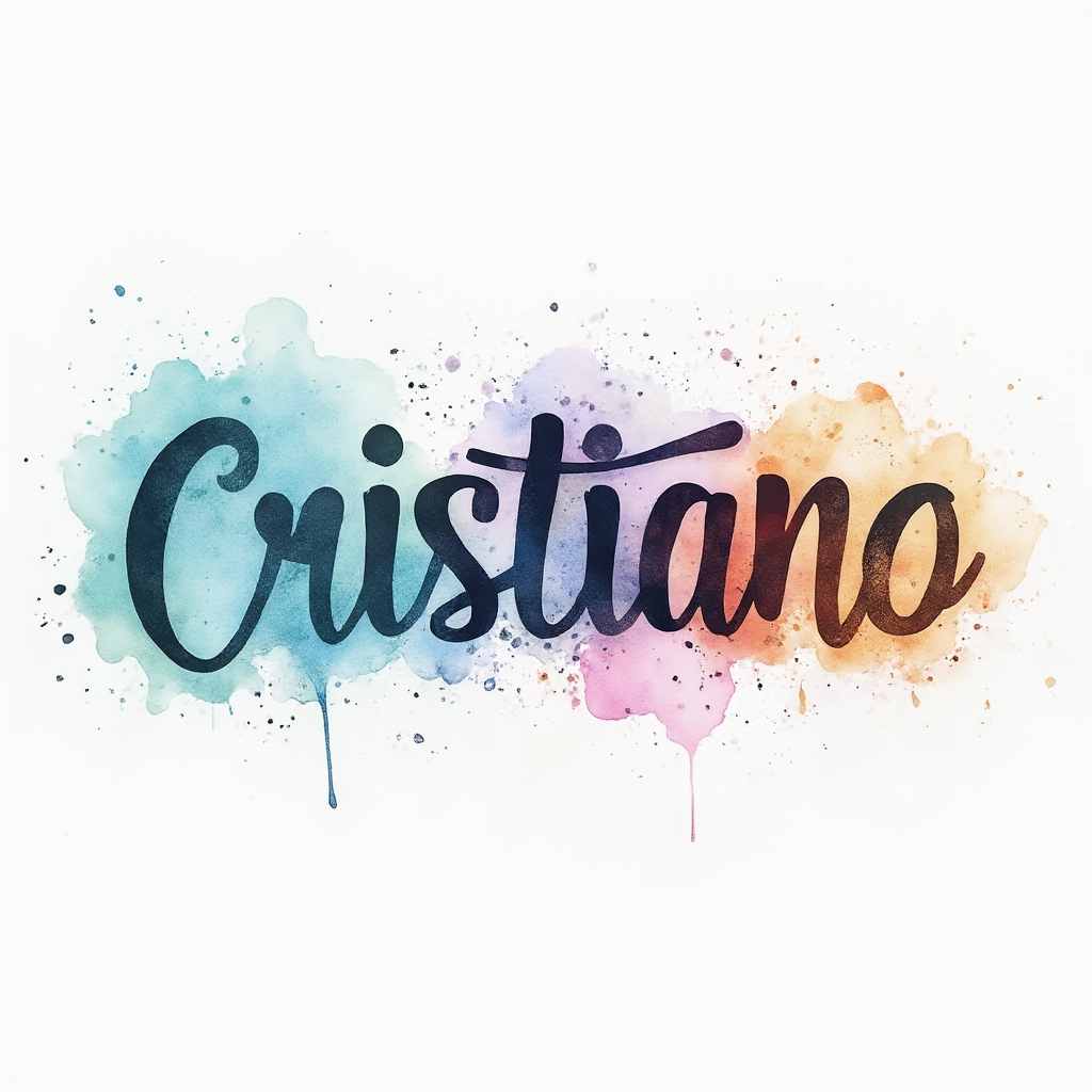 Watercolor splash tattoo concept where the name cristiano is written in flowing calligraphy dissolving into colorful paint splashes on a white background.