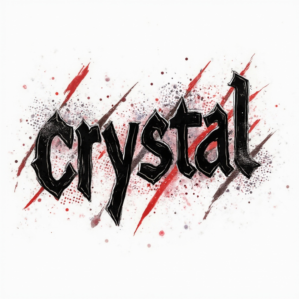 Trash Polka tattoo design of the name crystal in fractured black and red graphic elements on a white background