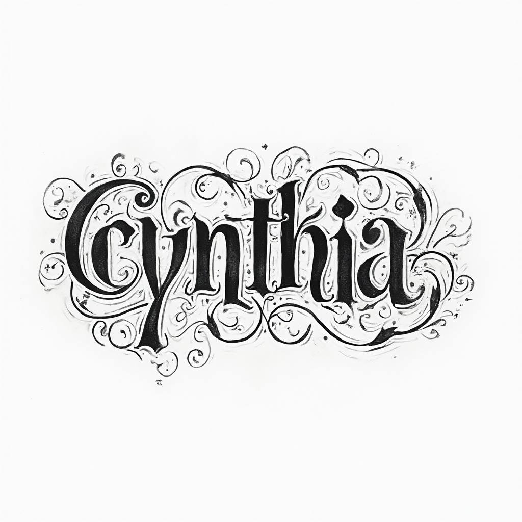 Ornamental tattoo design of the name cynthia with filigree and flourishes on white