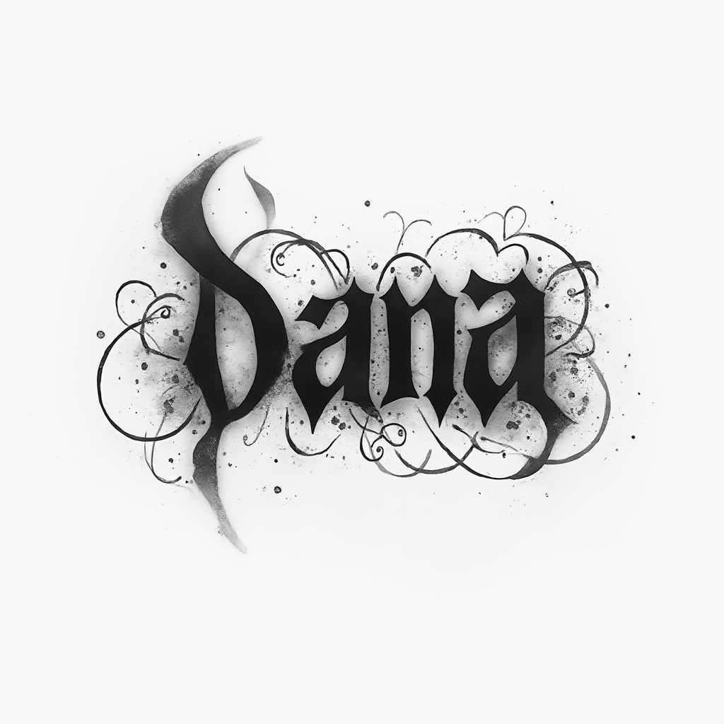 Abstract monochrome tattoo design where the name dana is implied by interlocking black curves and negative space.