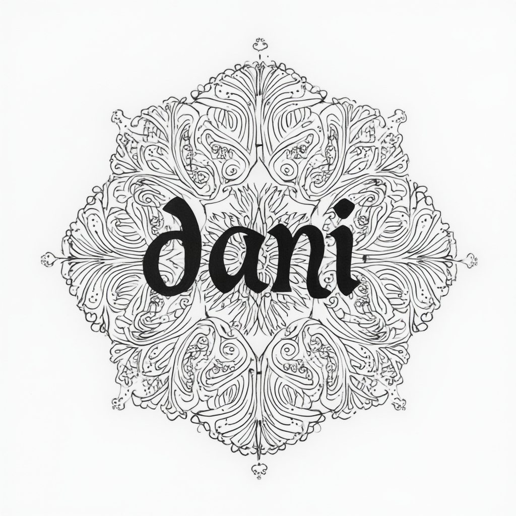 Ornamental tattoo concept where the name dani is hidden within filigree lines and mandala-like flourishes on a white background.