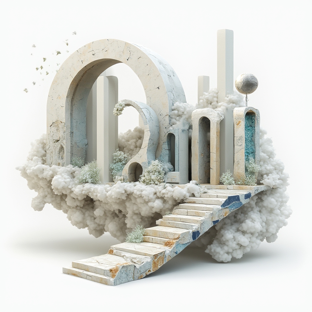 Surreal tattoo concept where the name dani becomes impossible 3D letter structures floating in a dreamlike composition on white.