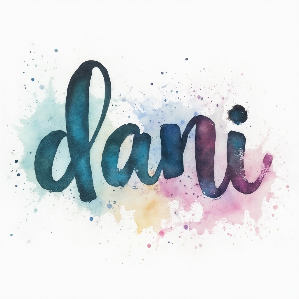 Watercolor tattoo concept where the name dani is formed from flowing multicolor watercolor lettering on a white background.