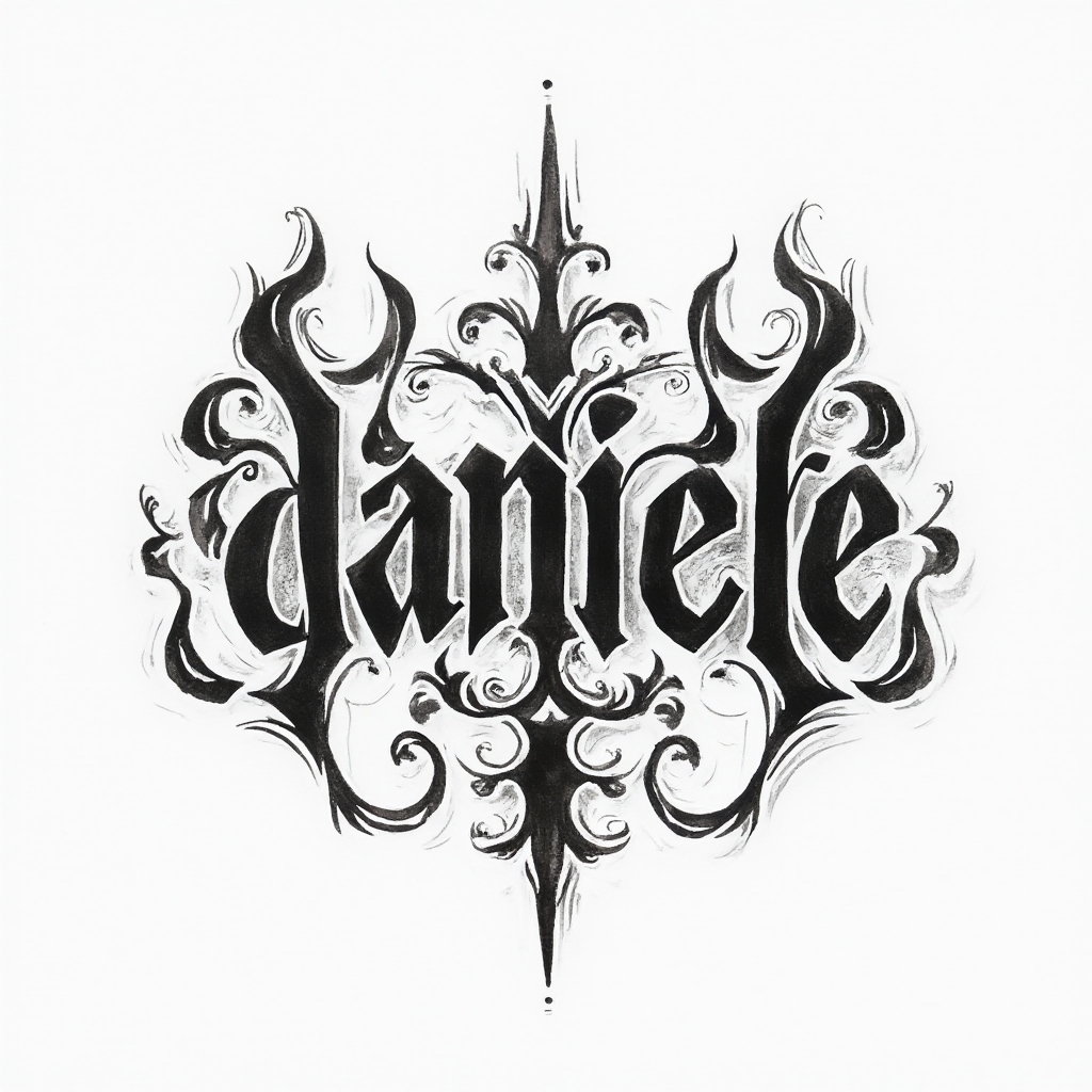 Abstract emblem-style tattoo concept where the name daniele forms an ornate symmetrical symbol on a white background.