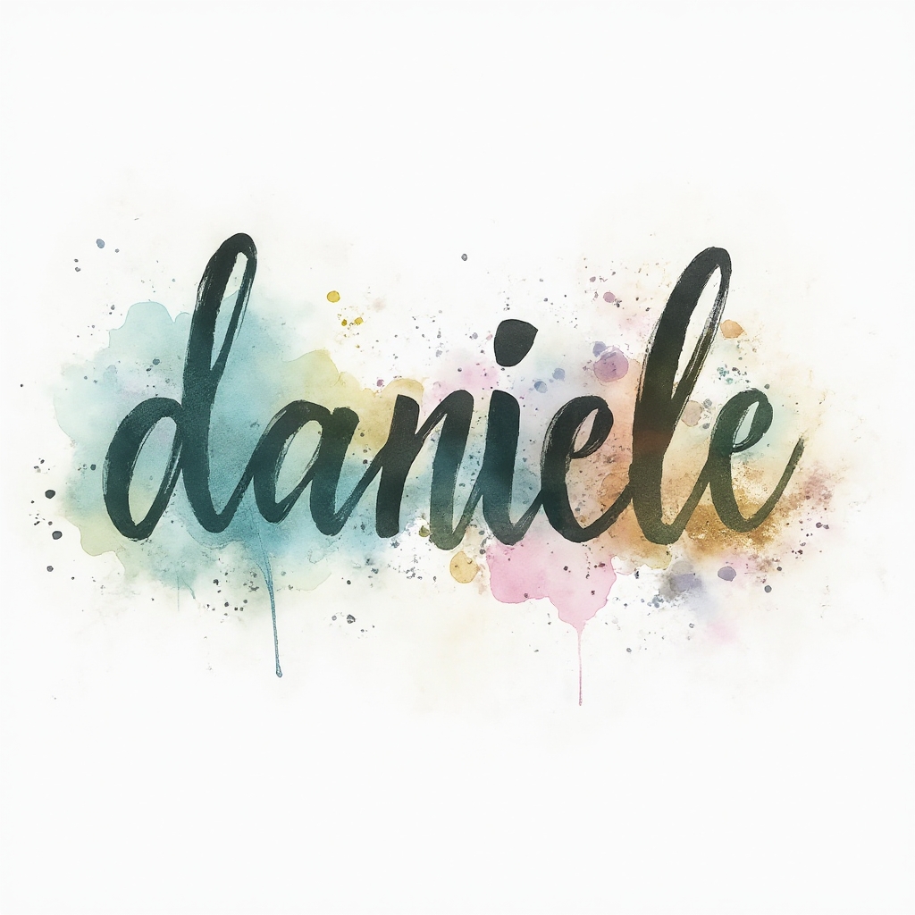 Watercolor splash tattoo concept with the name daniele in flowing ink-style lettering on a white background.