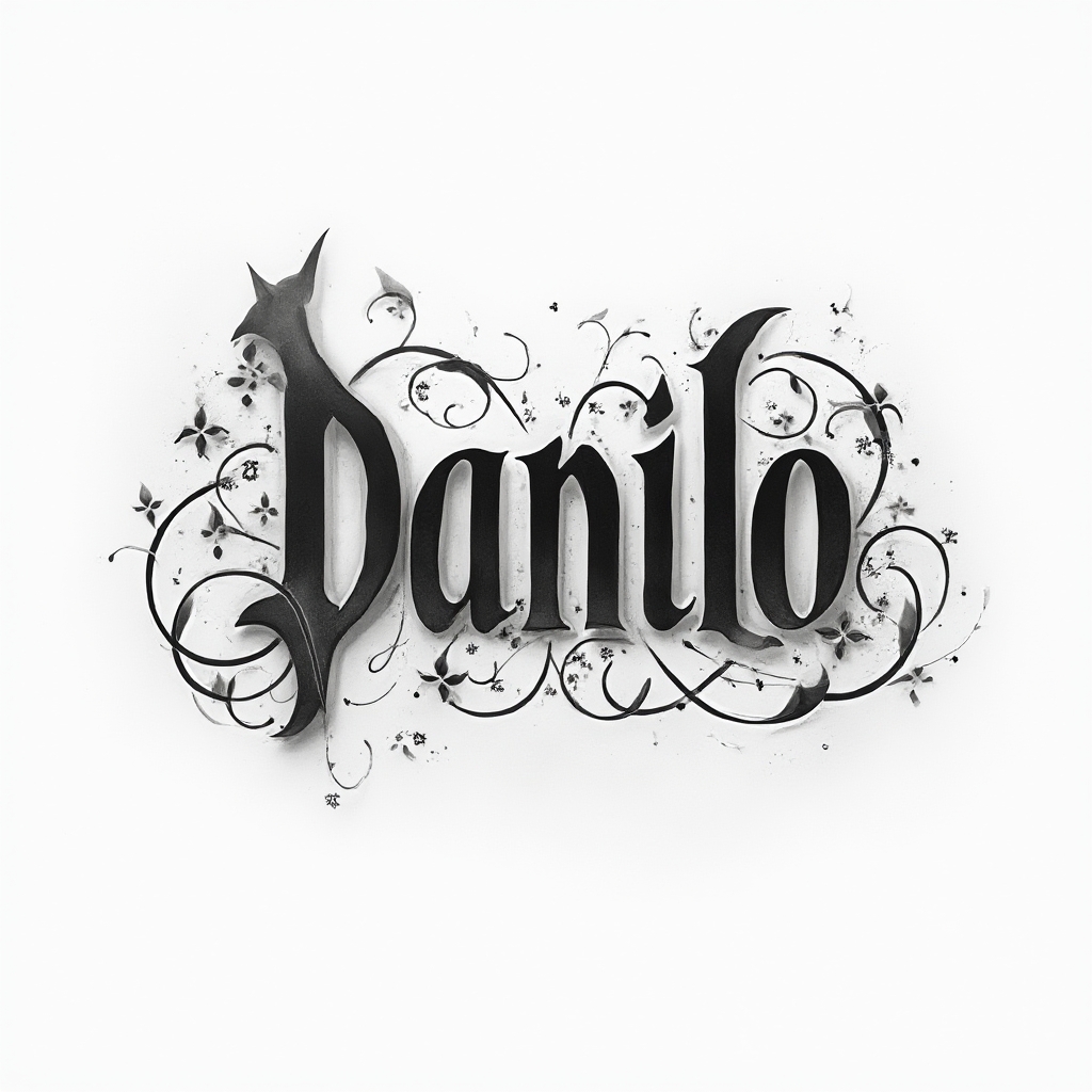 Monochrome ornamental tattoo concept where the name danilo is formed by dimensional, sculpted lettering with fine decorative details on a white background.