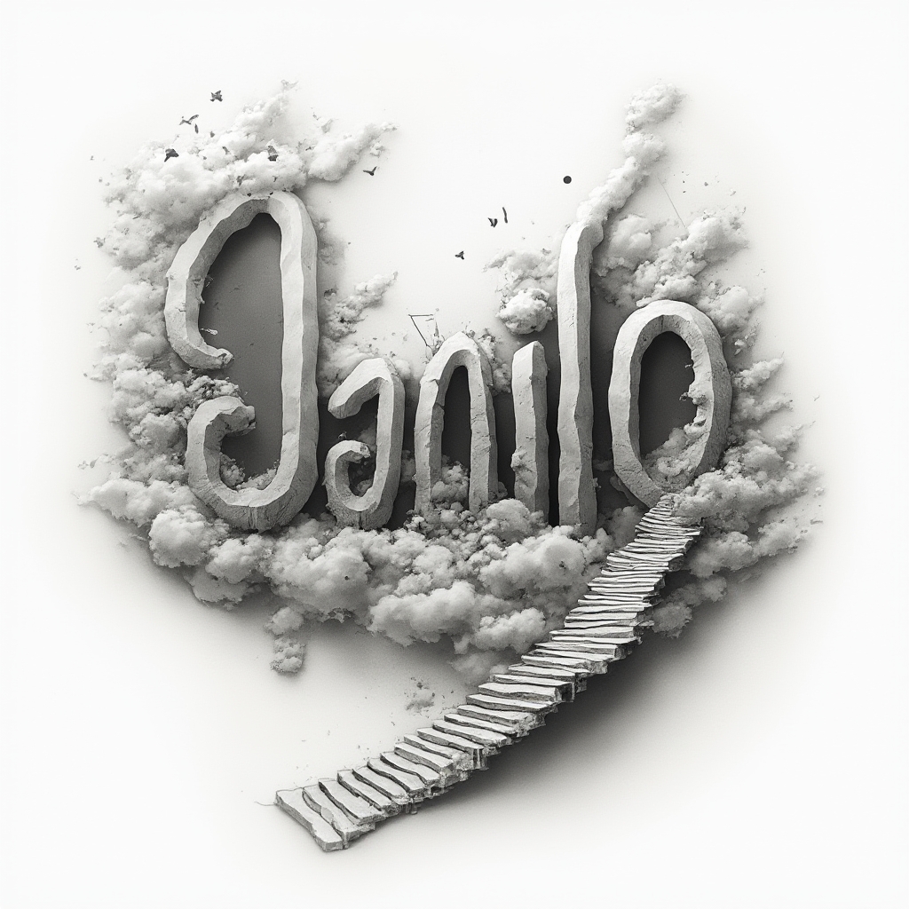 Surreal tattoo concept where the name danilo is hidden within dreamlike, morphing shapes and impossible architecture on a white background.