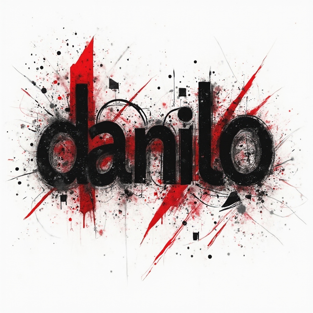 Trash Polka tattoo concept with the name danilo built from fractured black shapes and bold red accents on a white background.