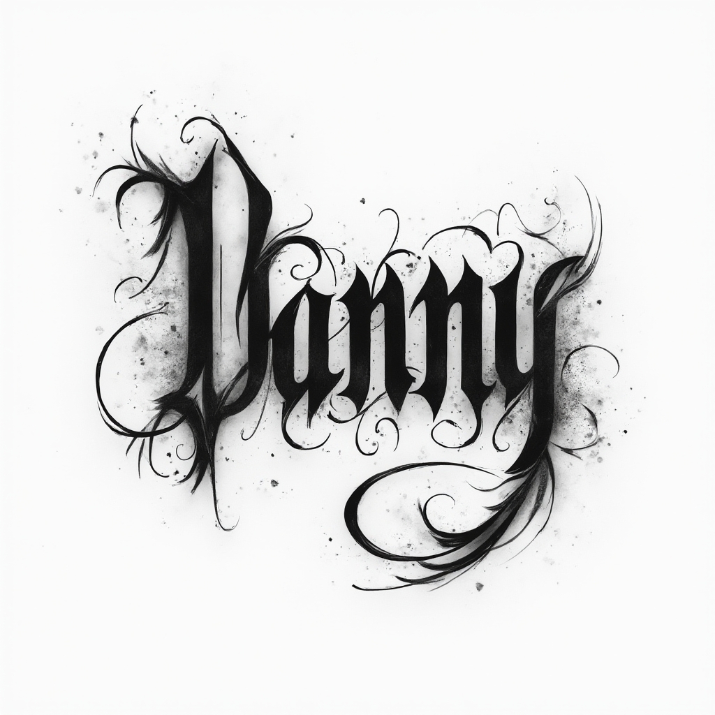 Abstract black ink tattoo concept where the name danny becomes a flowing emblem shape on a white background.