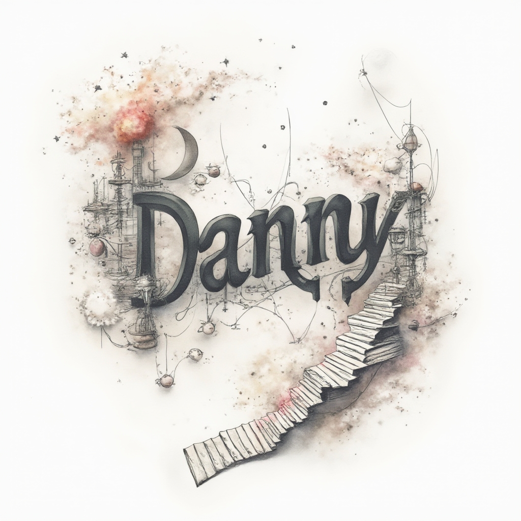 Surreal tattoo concept where the name danny is formed from impossible dreamlike structures on a white background.