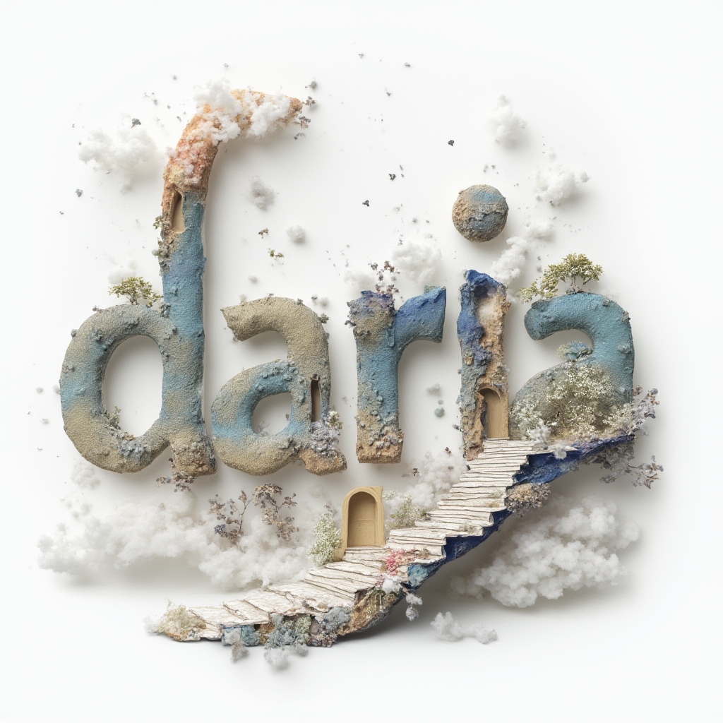 Surreal dreamscape tattoo concept where the letters of daria transform into imaginative floating structures on a white background.