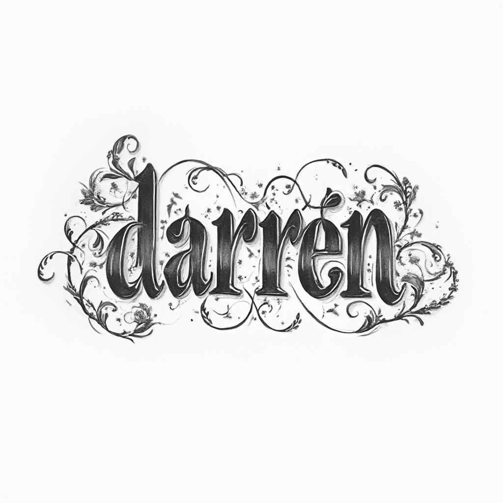 Ornamental black and grey tattoo concept with the name darren rendered in flowing decorative lettering on a white background.