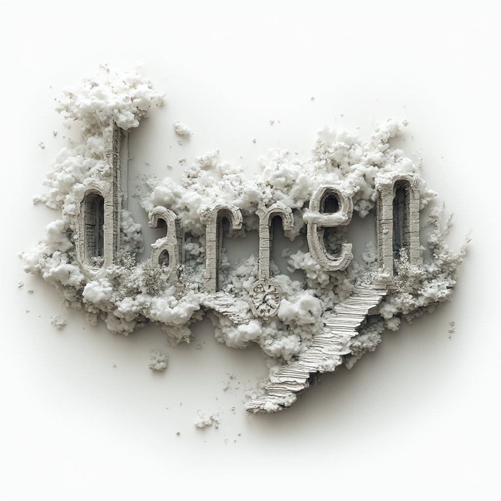 Surrealist tattoo artwork where the name darren transforms into a dreamlike landscape of abstract forms on a white background.