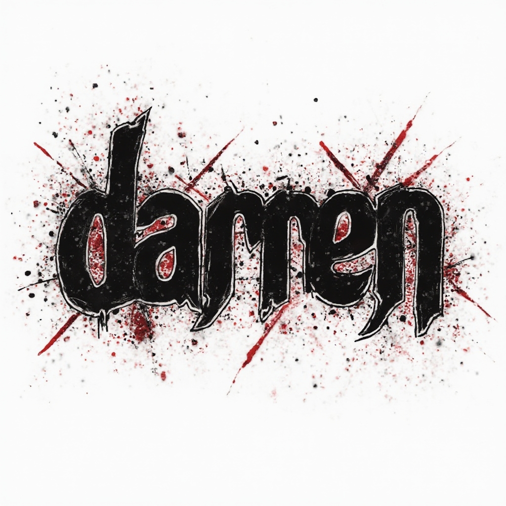 Trash Polka style tattoo concept with the name darren formed from distressed black lettering, red blocks, and splatters on a white background.