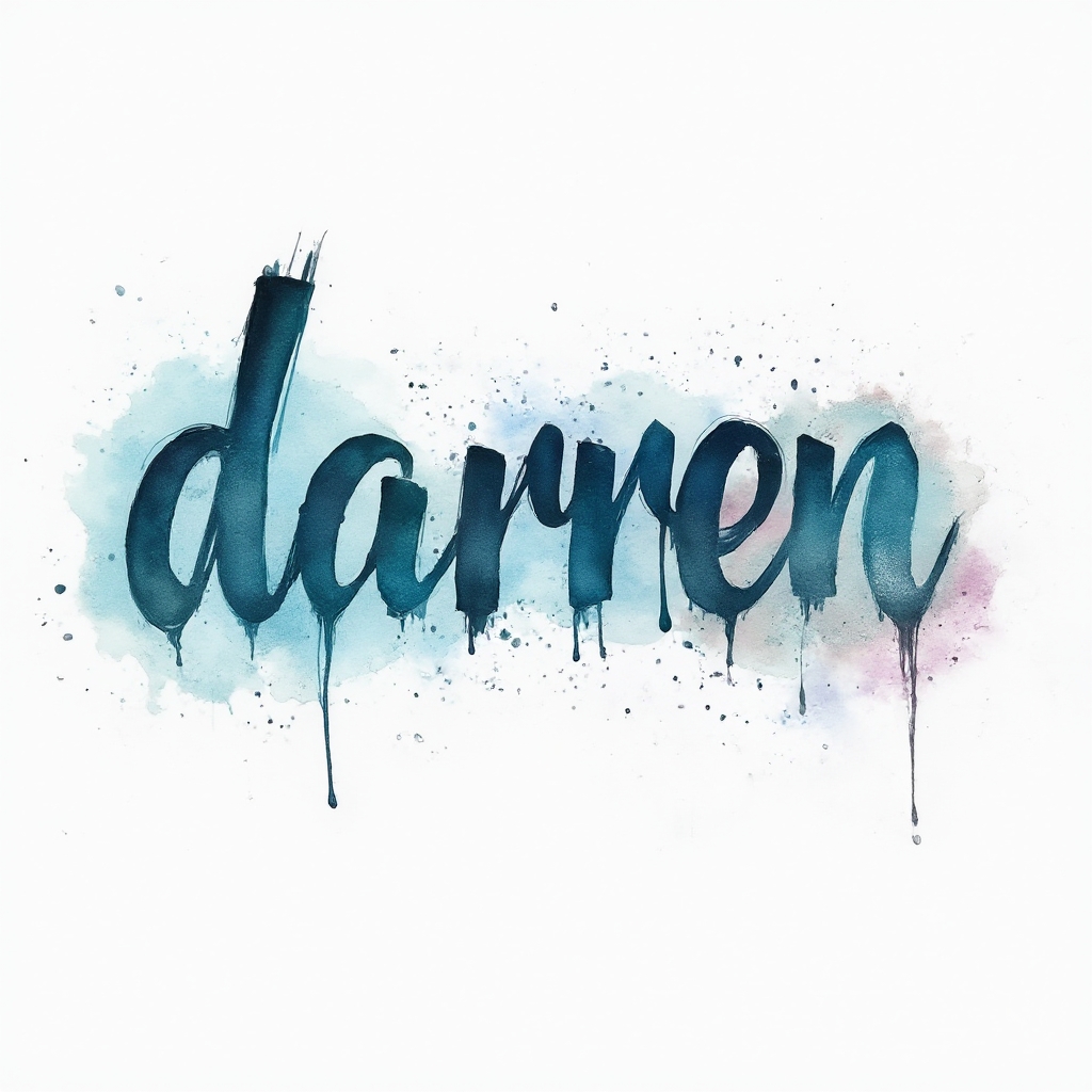 Watercolor-style tattoo concept with the name darren painted as fluid multicolor brushstroke lettering on a white background.