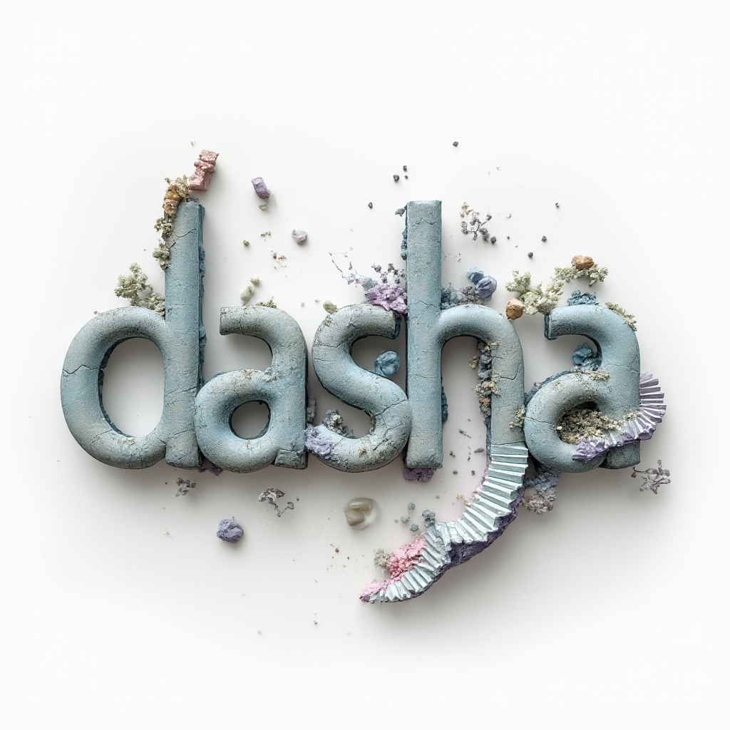 Surreal dreamlike tattoo concept where the letters of dasha morph into impossible architectural shapes on a white background.