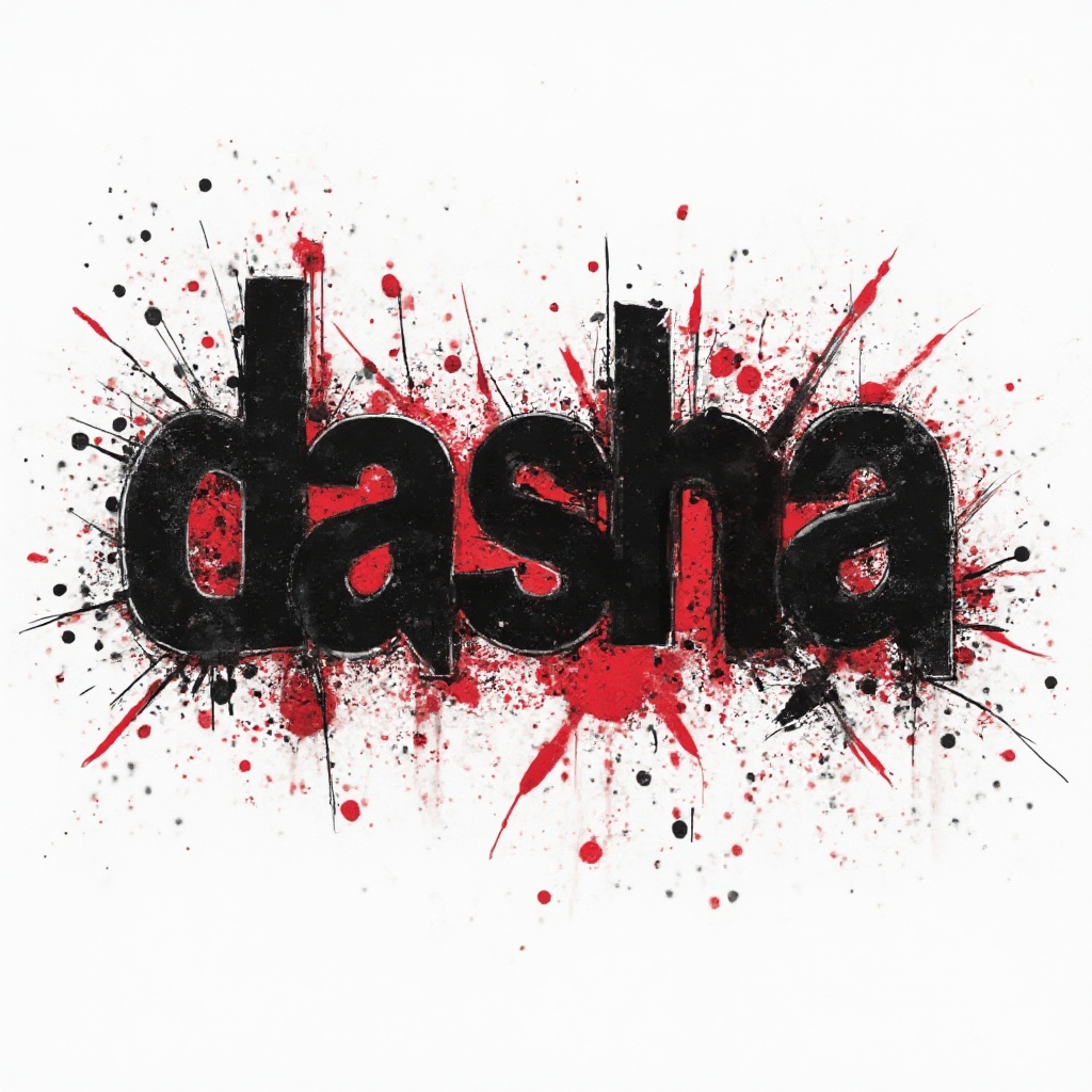 Trash Polka style tattoo concept with the name dasha in bold distressed black letters with red splashes on a white background.