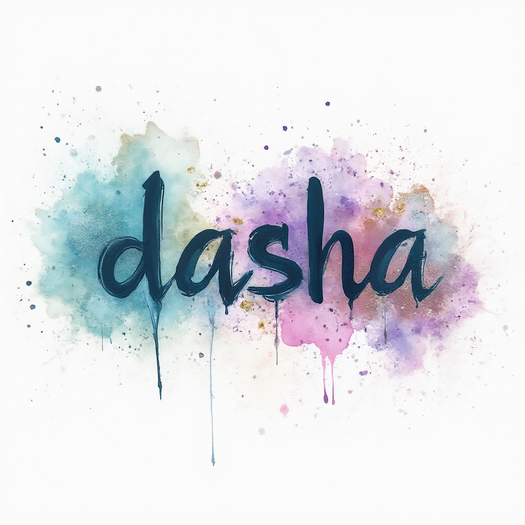 Watercolor-style tattoo concept where the name dasha is painted with colorful flowing ink on a white background.