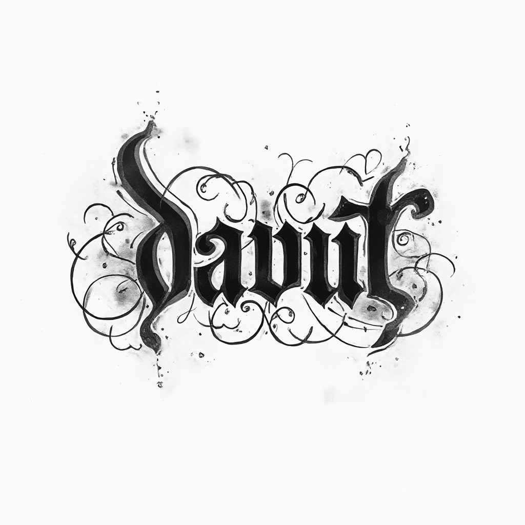 Monochrome abstract ornamental tattoo concept forming the name davut with flowing lines on white background