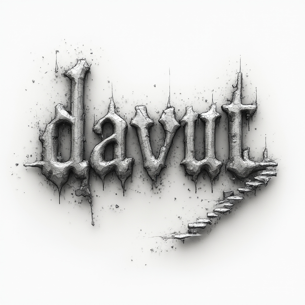 Surreal abstract dreamscape tattoo concept forming the name davut on a white background