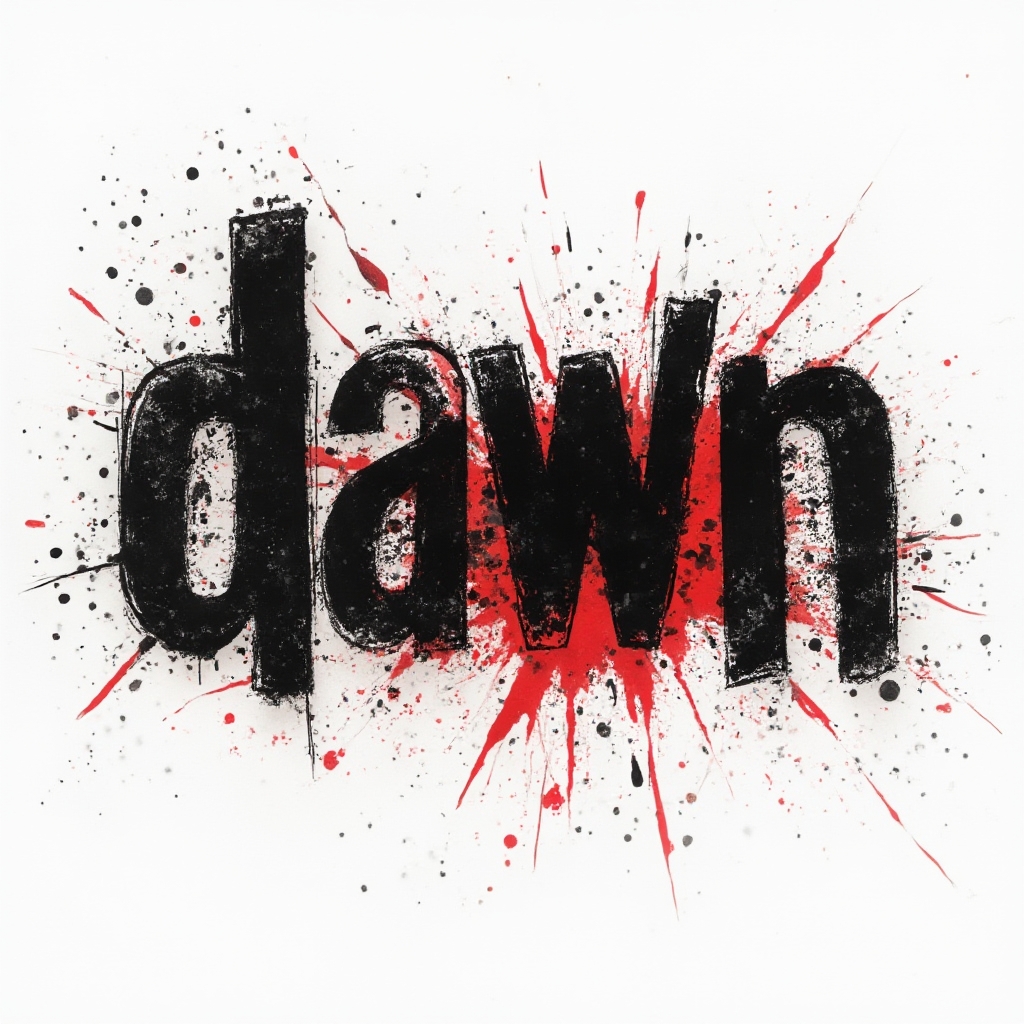 Trash Polka tattoo concept of the name dawn in fractured black and red ink on a white background
