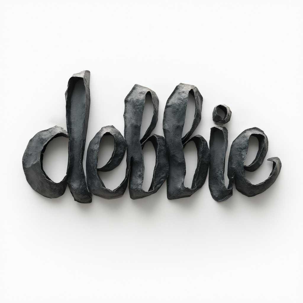 Dimensional tattoo concept where the name debbie is built from layered twisting ink ribbons creating a 3D effect on a white background.