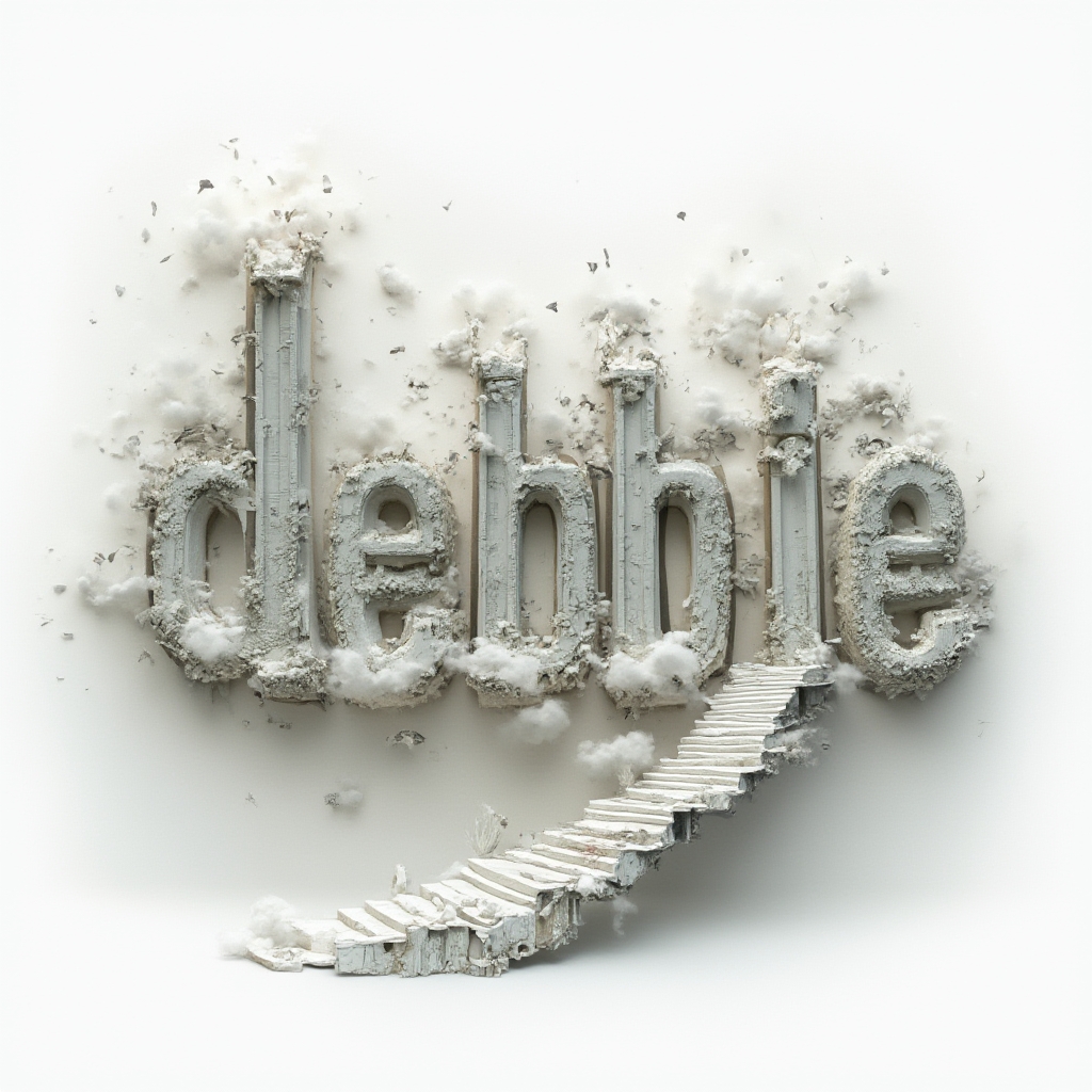 Surreal tattoo concept where the name debbie becomes a dreamlike structure of melting shapes and floating stairs on a white background.