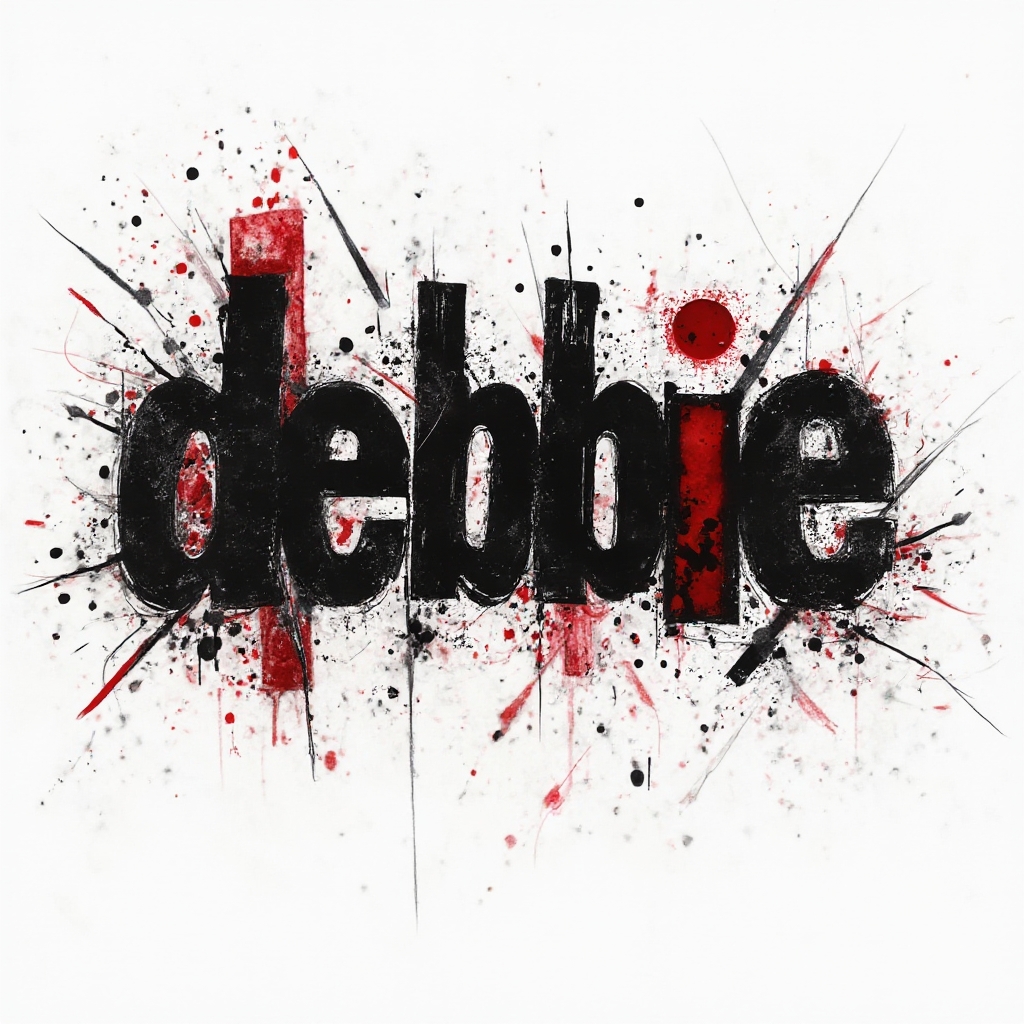 Bold Trash Polka tattoo concept where the name debbie appears as distressed black and red angular lettering on a white background.