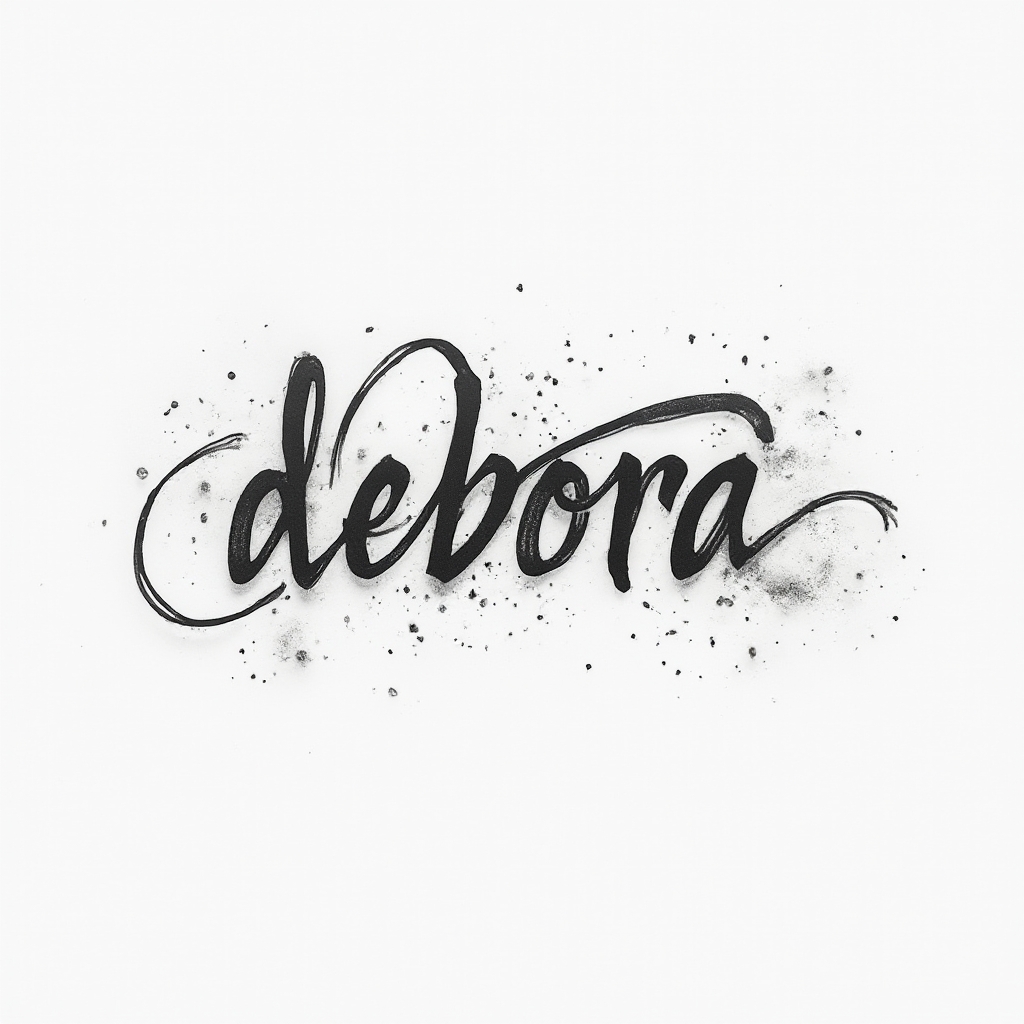 Abstract flowing ribbon-line tattoo concept where the name debora is formed by one continuous black stroke on white.