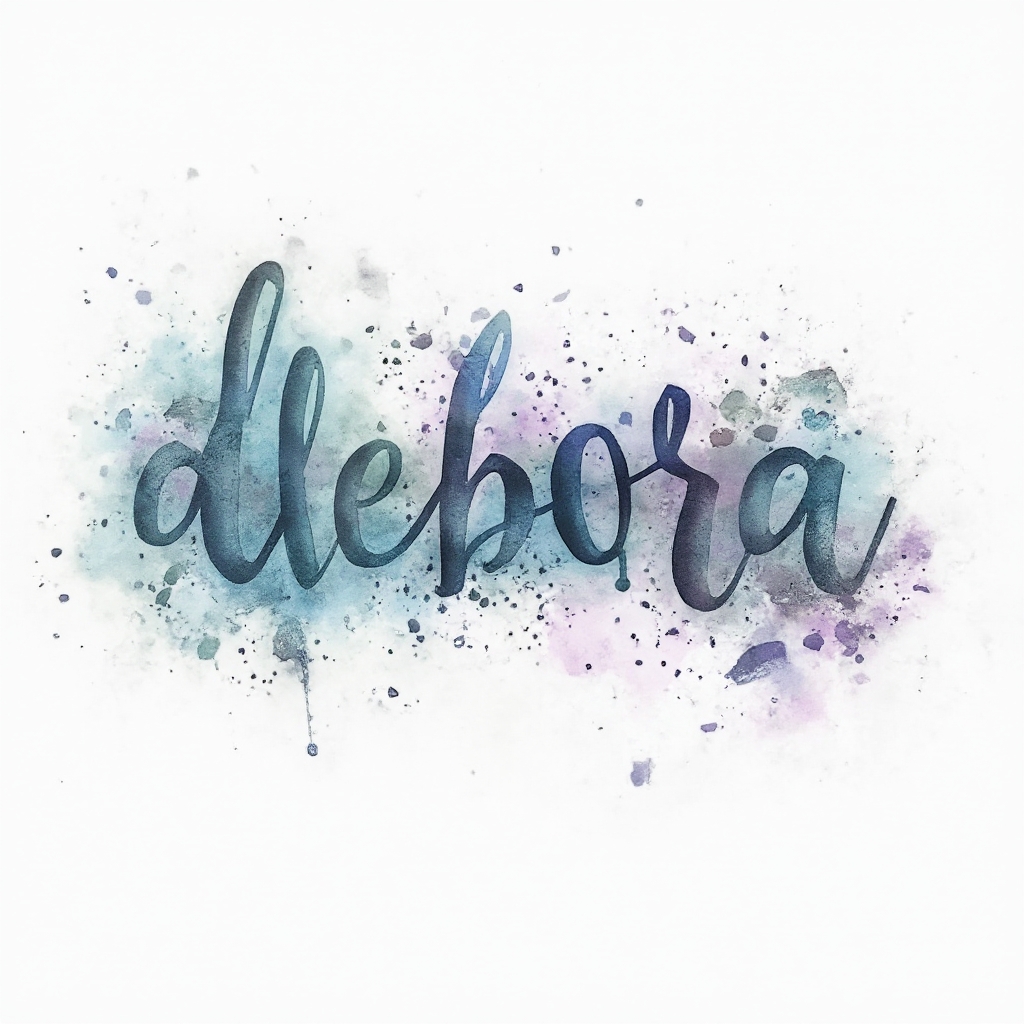 Watercolor tattoo concept where the name debora is painted as colorful ink calligraphy with splashes on a white background.