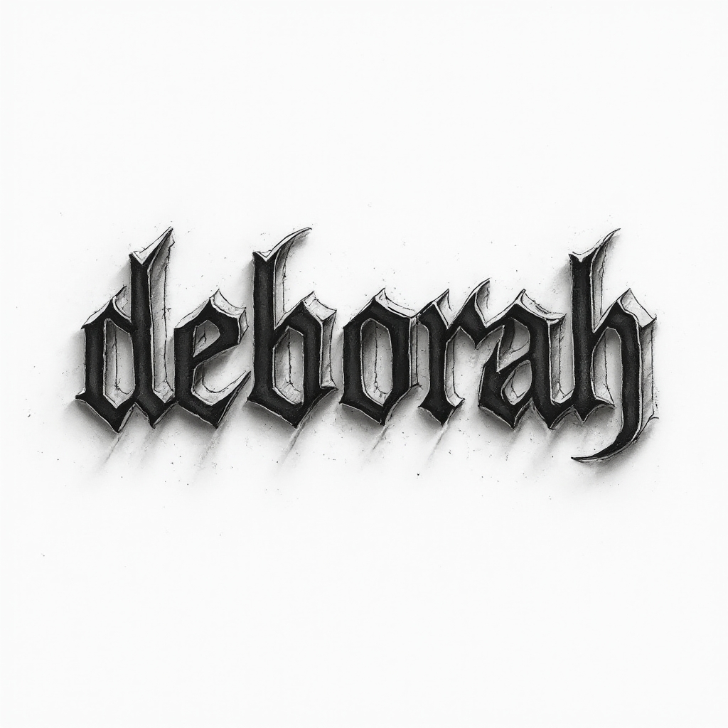 Graphic dimensional black ink tattoo concept of the name deborah formed by interlocking structural letters on a white background.