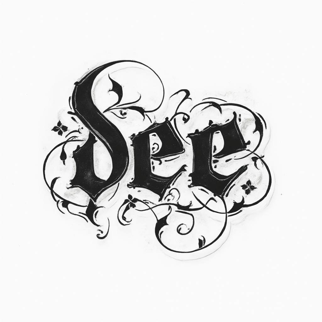 Abstract emblem-style tattoo design where the name dee forms interlocking glyph-like letters on a white background.