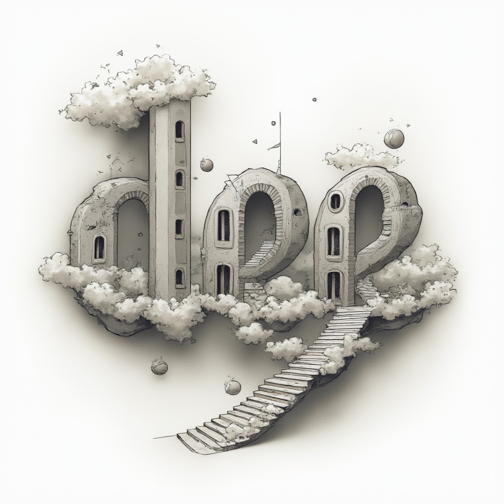 Surreal tattoo design where the name dee becomes dreamlike architectural letterforms with floating shapes on a white background.