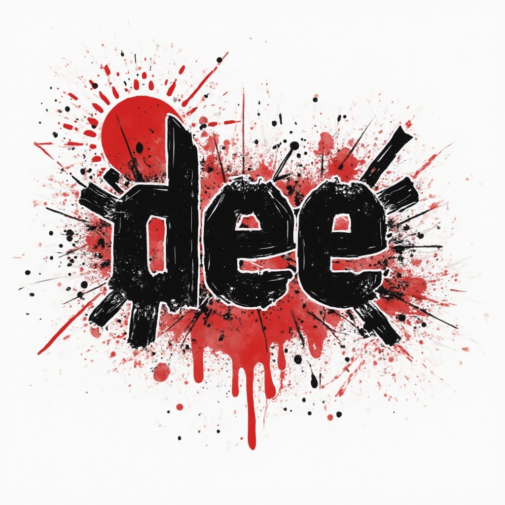 Trash Polka style tattoo concept of the name dee with fractured black and red graphic lettering elements on a white background.