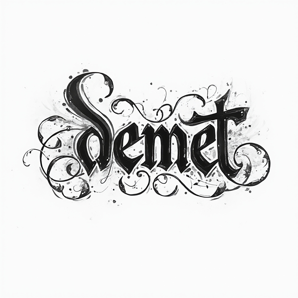 The name demet built from bold flowing ornamental lines on a white background.