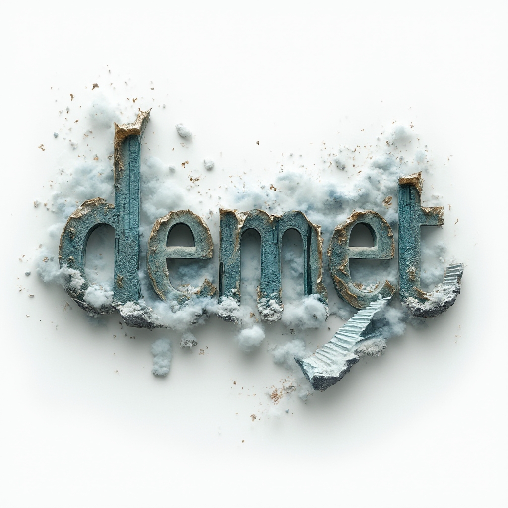 The name demet built from surreal floating fragments and liquid forms on a white background.