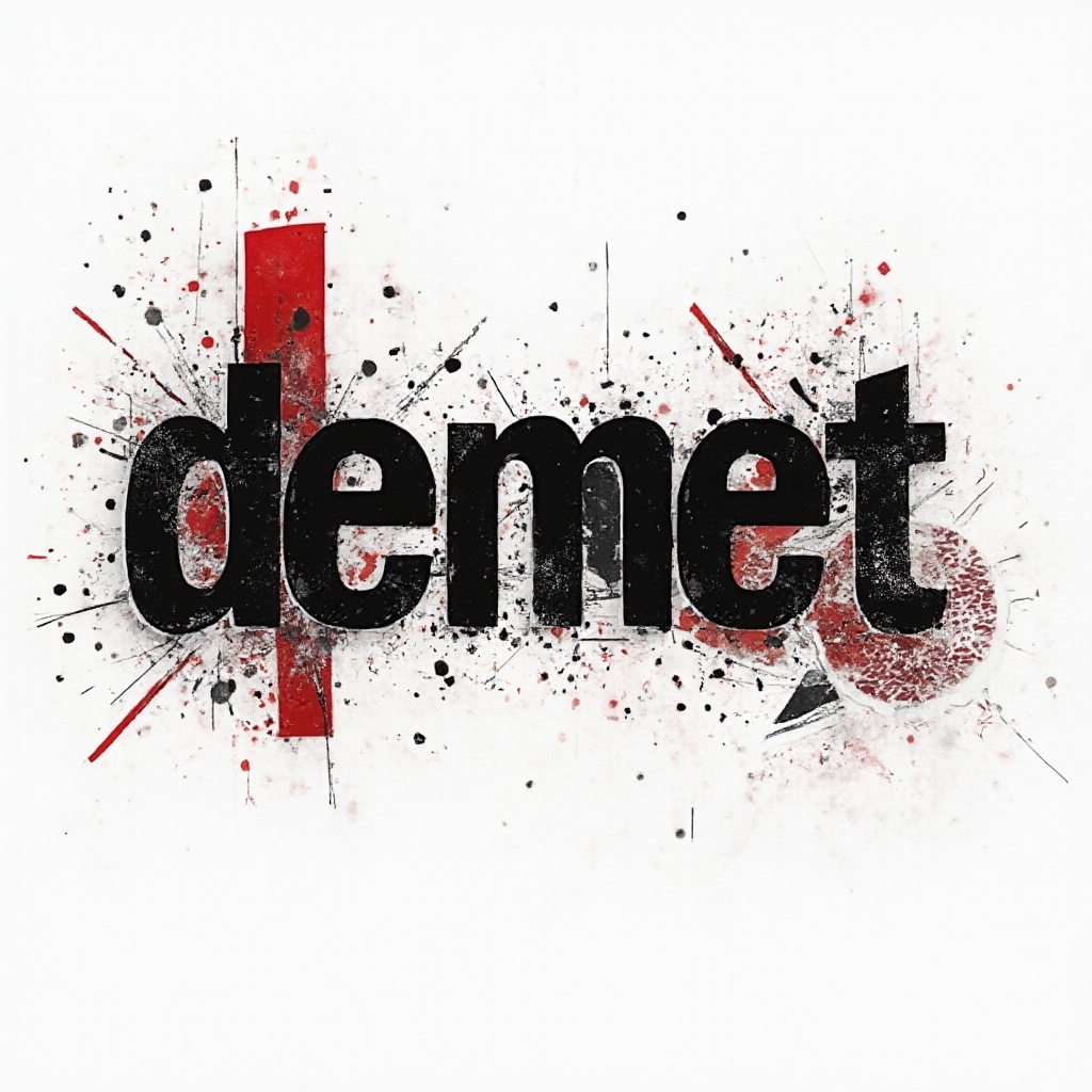 The name demet in bold, distressed black lettering with red shapes and splatters on a white background.