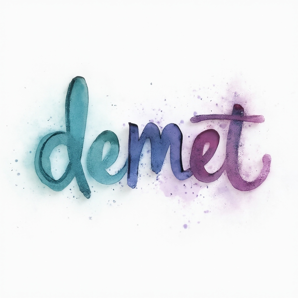 The name demet shaped from colorful watercolor strokes on a white background.