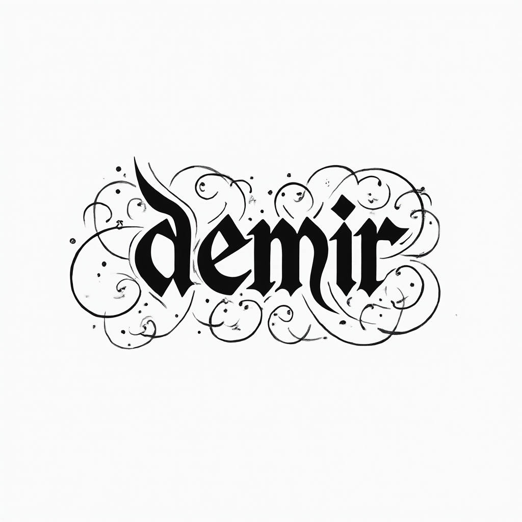 Abstract flowing line tattoo concept where the name demir is written as one continuous, elegant line on a white background
