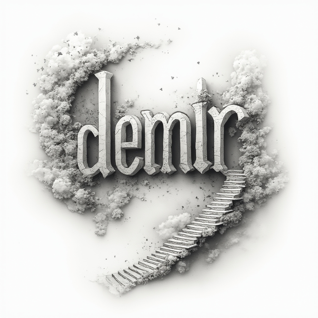 Surreal tattoo concept where the letters of demir form impossible, dreamlike architectural shapes on a white background
