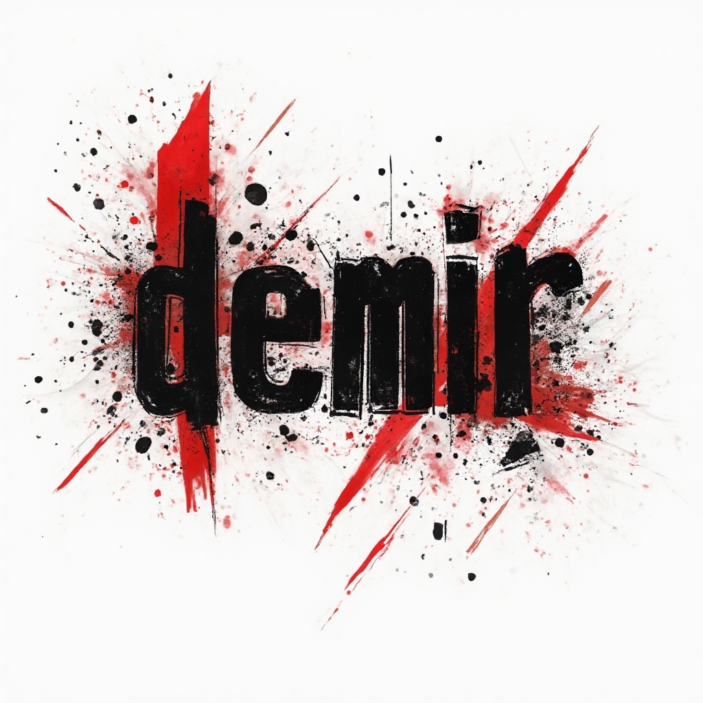 Trash Polka style tattoo design featuring the word demir in bold black lettering with red geometric accents on a white background