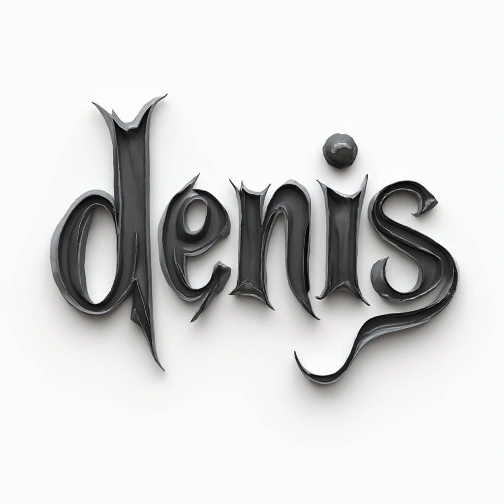 dimensional monochrome tattoo concept where the name denis is carved from a flowing three-dimensional ribbon on white background