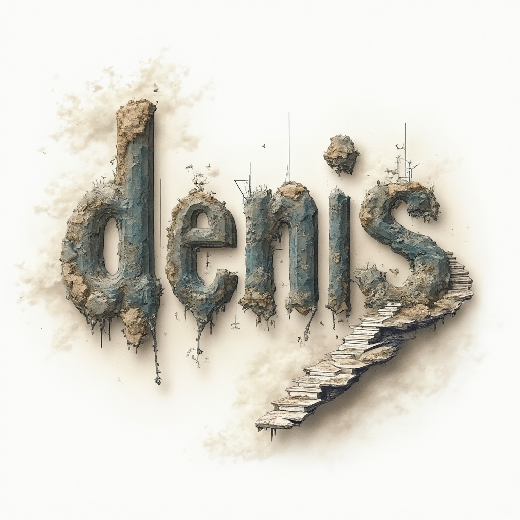surreal tattoo concept where the name denis is built from dreamlike impossible structures on white background