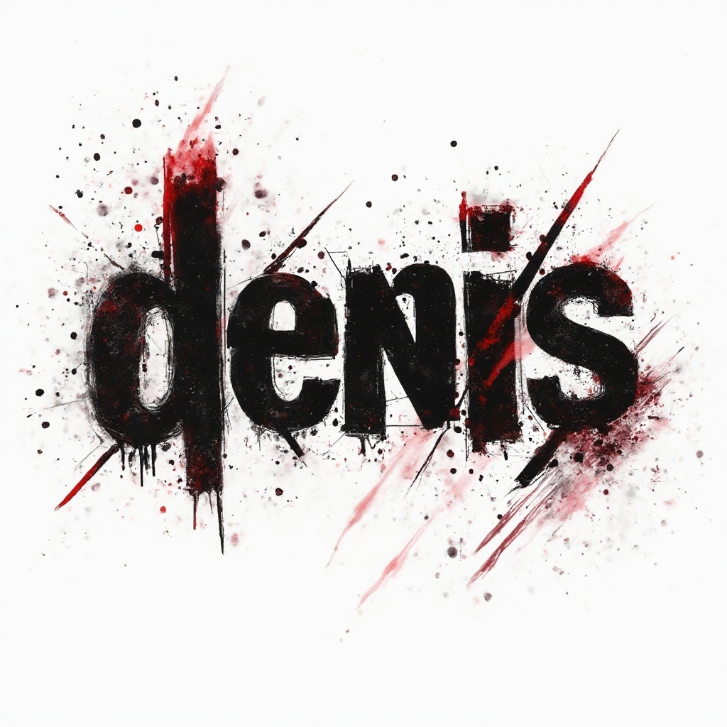 trash polka tattoo concept with the name denis created from distressed black and red strokes on white background