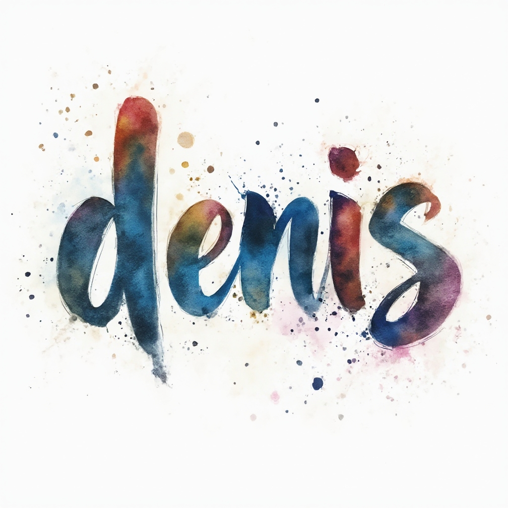 watercolor tattoo concept where the name denis is painted as colorful splashes on a white background