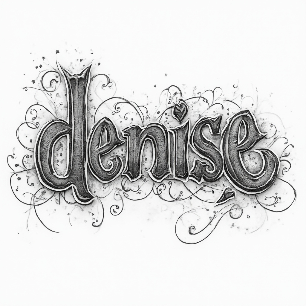 Monochrome ornamental tattoo concept of the name denise with detailed filigree lettering on white background.