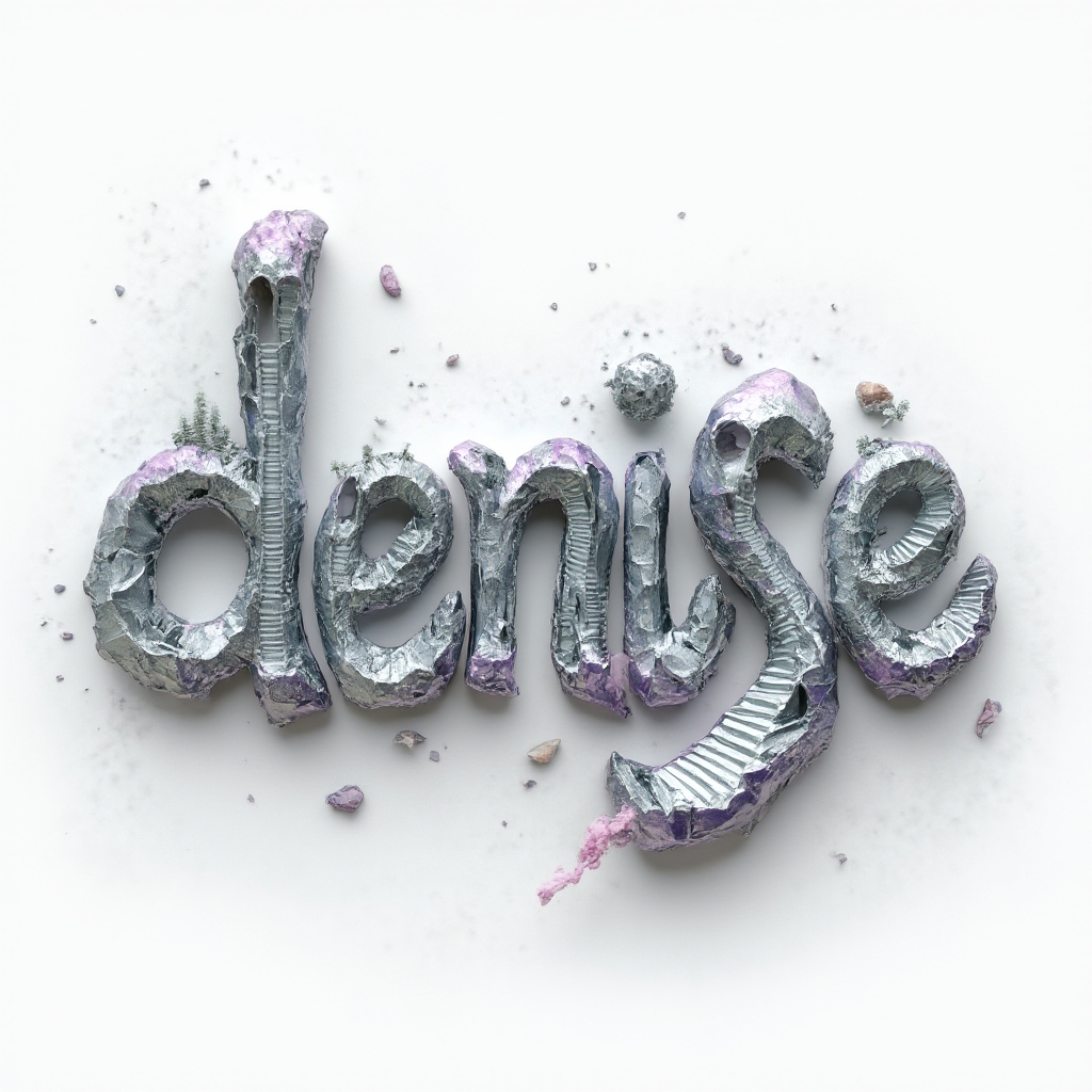 Surreal dreamscape tattoo concept of the name denise formed by melting architectural letters on white background.