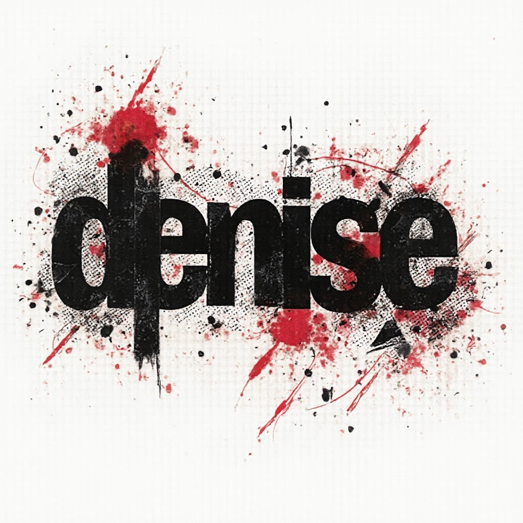 Trash Polka tattoo concept of the name denise with bold black lettering, red splashes, and geometric fragments on white background.